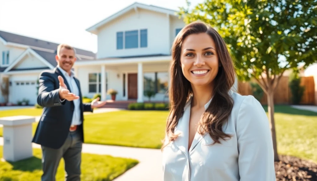 Showcasing a real estate professional presenting a modern home in a suburban area with inviting features.