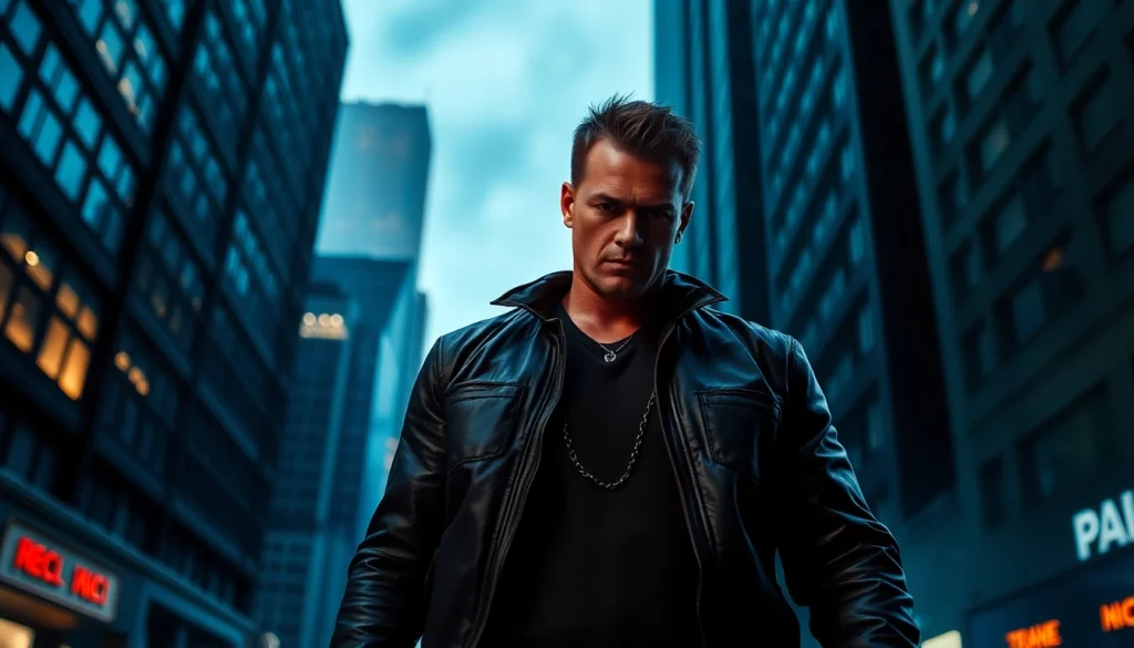 Action hero poised in an urban landscape, reflecting the intensity of shows similar to reacher series.