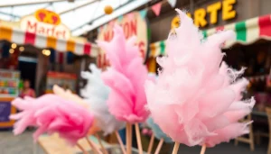 Geniet van wafel katoen in levendige kleuren, prachtig gepresenteerd op een houten stok.