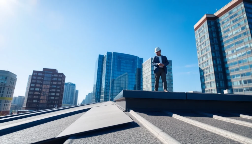 Inspecting commercial roofing services on a flat roof in a vibrant urban setting.
