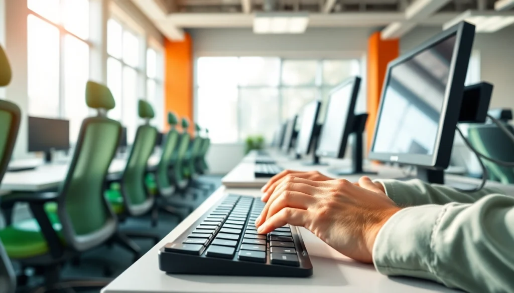 Engage in a typing center with hands expertly typing on a keyboard, illustrating skill and professionalism.