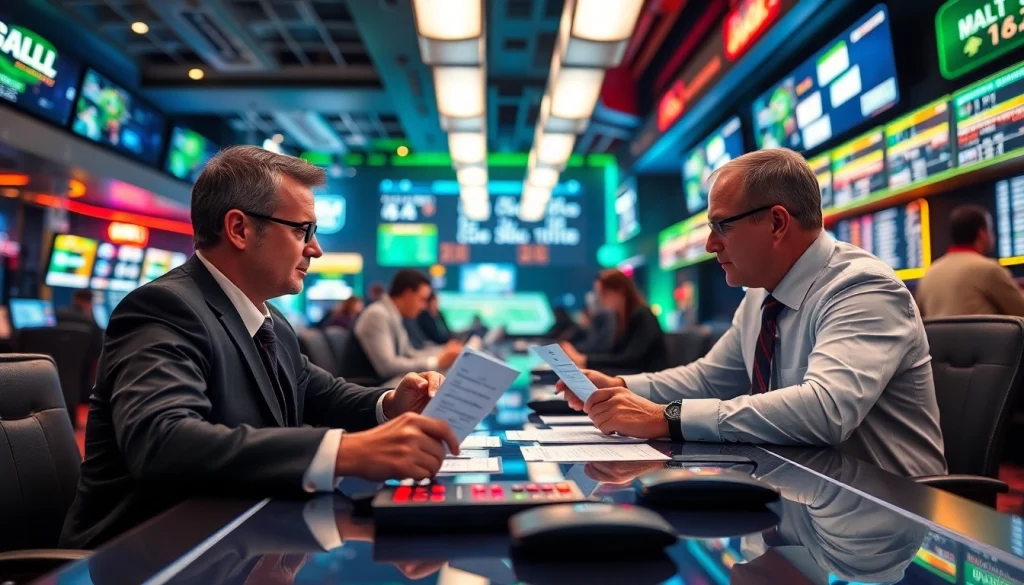 Engaged bettors analyzing odds at sportsbooks in Alabama using advanced technology.