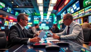 Engaged bettors analyzing odds at sportsbooks in Alabama using advanced technology.