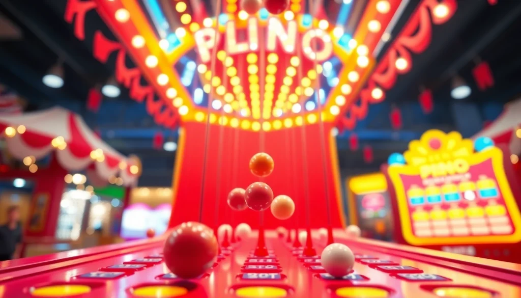 Mainkan demo plinko dengan bola jatuh melalui pin berwarna-warni dalam suasana ceria.