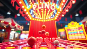 Mainkan demo plinko dengan bola jatuh melalui pin berwarna-warni dalam suasana ceria.