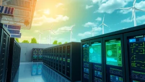 Trusted cloud mining sites showcased in a high-tech cryptocurrency mining facility with green energy sources.