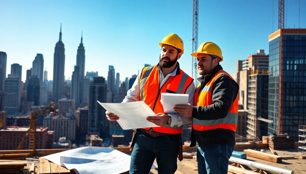 New York General Contractor engaging with team members on-site, showcasing collaboration and urban construction.
