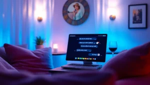 Engaging in a sex chat online in a cozy, inviting setting with soft lighting.