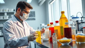 Tester analyzing édulcorant industriel in a high-tech lab setup with colorful ingredients.