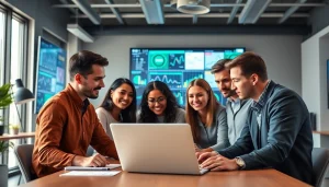 Team discussing edmonton seo strategies with data visualizations in a modern office setting.