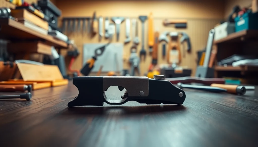 Showcase a forced reset trigger for sale on a well-lit workbench, demonstrating quality craftsmanship.