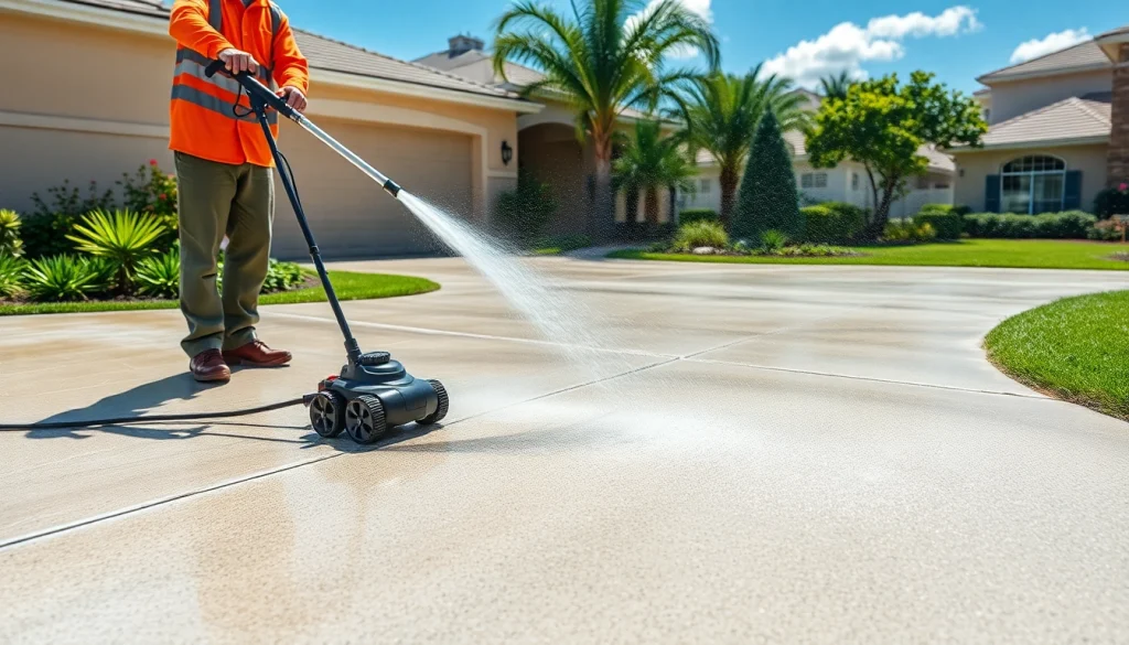 Concrete cleaning service in Kissimmee, showcasing a technician pressure washing a driveway.