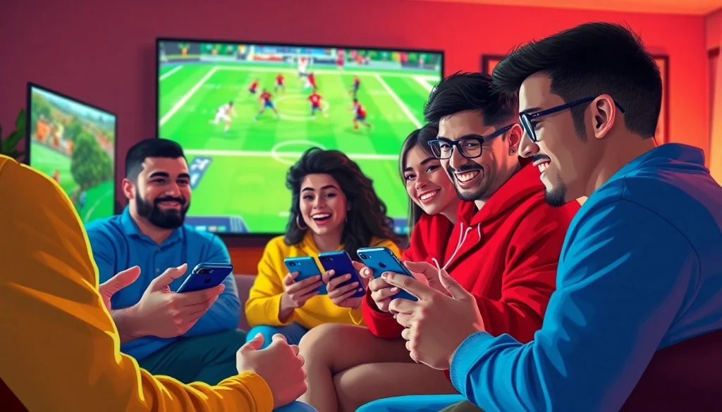 Group of friends enjoying sportsbooks in Texas while cheering for their favorite teams during a game.