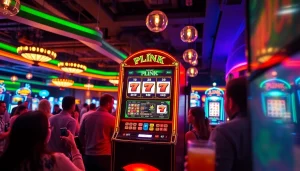 Menggairahkan aksi pemain di plink slot dengan mesin kasino berwarna-warni yang menghibur di latar belakang.