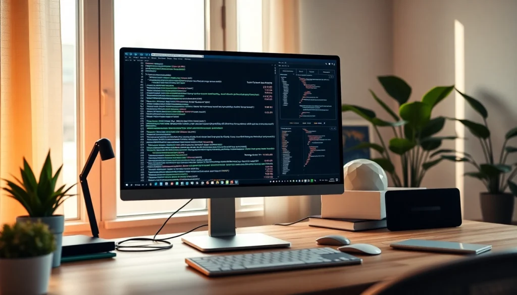 Web scrapping technology showcased in a modern home office setup with coding data and financial charts.