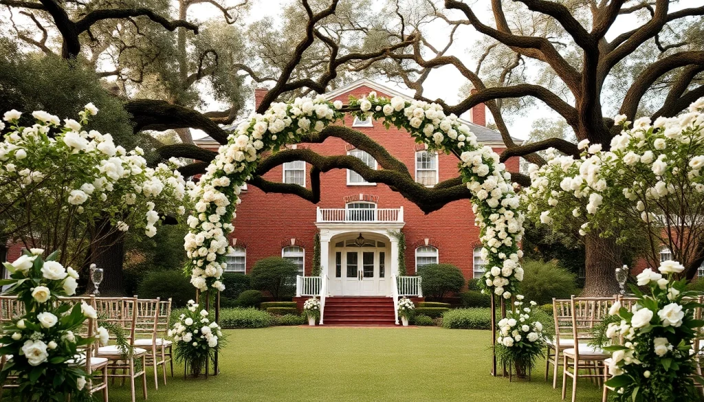 Couple celebrating at a historic wedding venue Jacksonville FL with vintage charm and lush greenery.