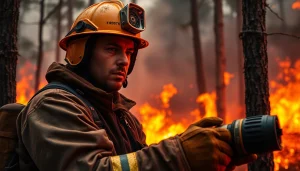 Firefighter combating wildfire events with determination in a dramatic forest scene.