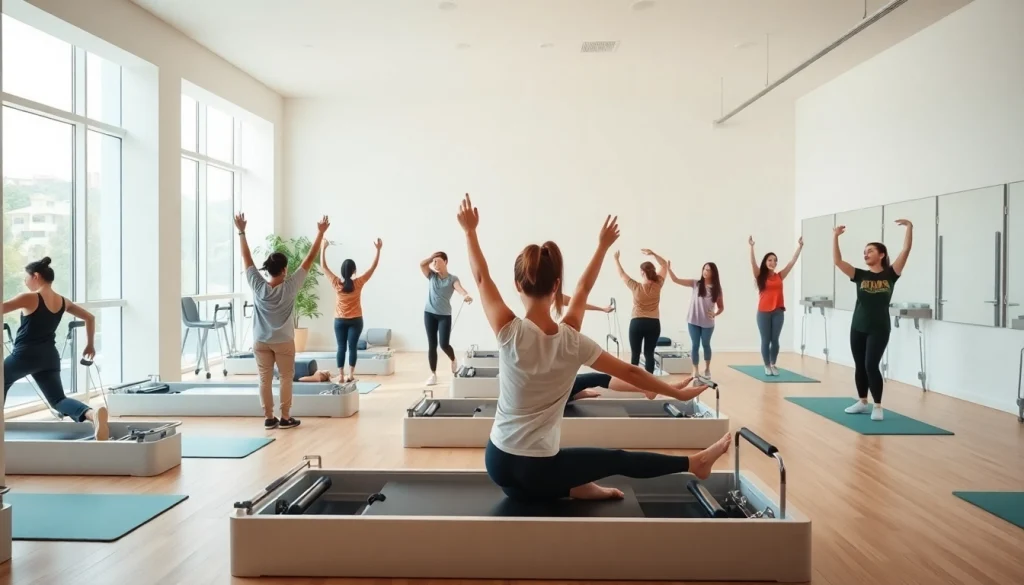 東京・台東区のモダンなスタジオで行われるピラティスのクラス。多様な参加者と活気あるインストラクターを紹介。