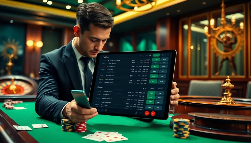Sbobet online betting scene with a professional gambler at a casino table.