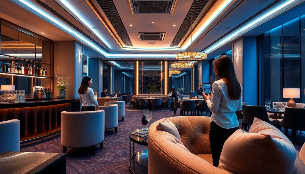 Experience the upscale atmosphere of gdmc.bio with attractive staff welcoming guests in a luxurious shirt room.