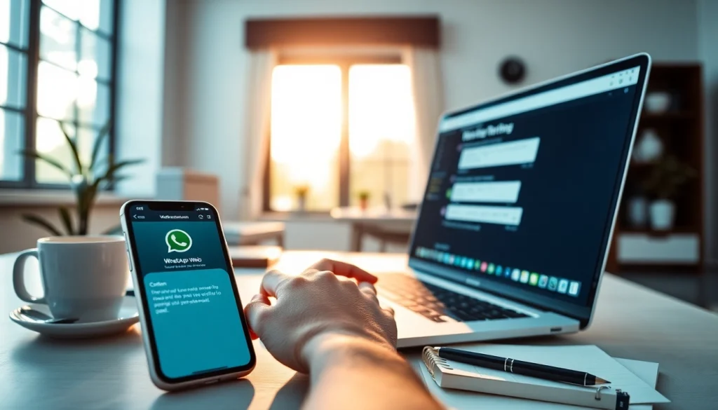 在笔记本电脑上进行的 WhatsApp 对话，展示快连官网的功能。