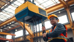 Electric chain hoist crane lifting heavy loads at an industrial site