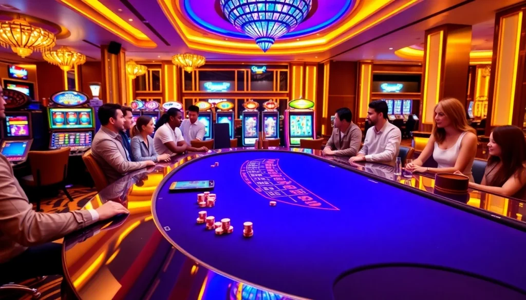 Gopay88 gaming excitement with players at a blackjack table and roulette wheel in a luxurious casino.