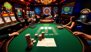 Gambling enthusiasts at a luxurious casino table enjoying XSMB247 betting strategies.