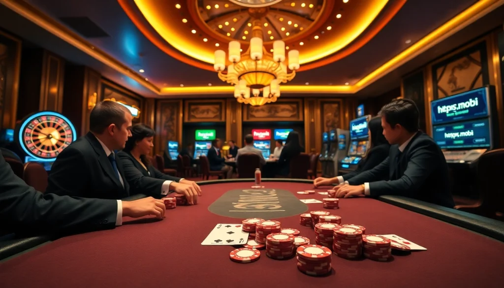 Engaging poker game scene at https://rr88c.mobi/ with vibrant chips and cards on a luxurious table.