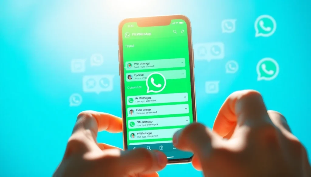 FM WhatsApp download interface showcased on a smartphone with vibrant colors and digital elements.