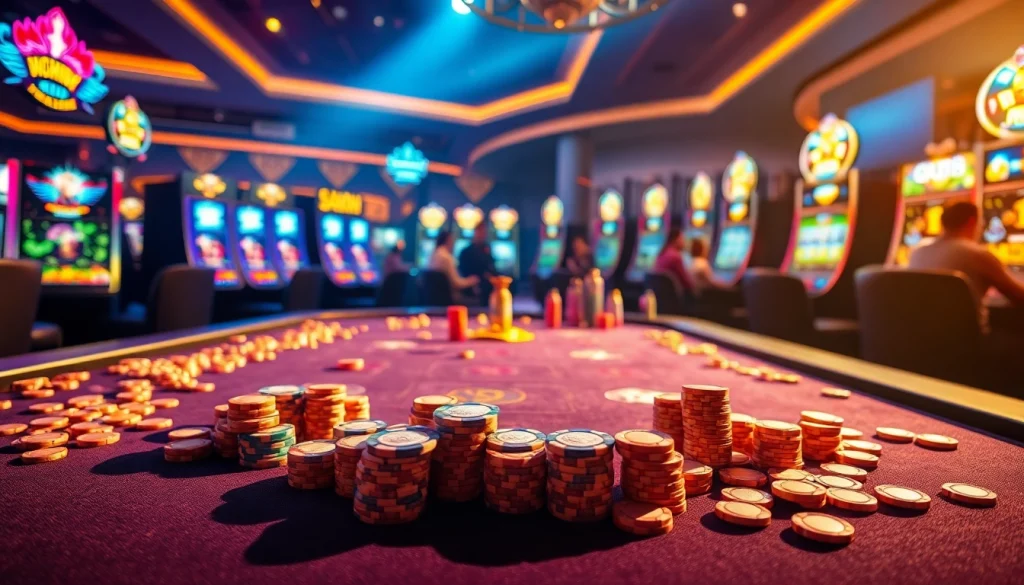 Players enjoying the excitement of idnslot games at a vibrant casino table, surrounded by colorful chips and slot machines.