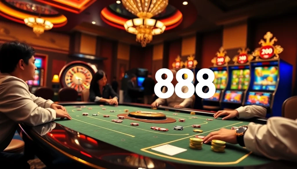 Experience the excitement of gambling at GO88 with a luxurious casino scene featuring poker, roulette, and slot machines.