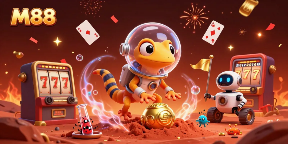M88 online casino theme showcases a Martian gecko discovering a golden casino amidst vibrant gaming elements.