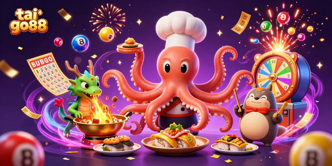 Join the excitement at tai go88 with a cartoon dragon and octopus cooking golden dishes amid colorful lottery balls.