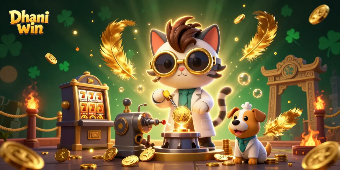 Dive into the Dhani win gaming experience with this vibrant casino-themed illustration featuring golden slot machines and festive elements.