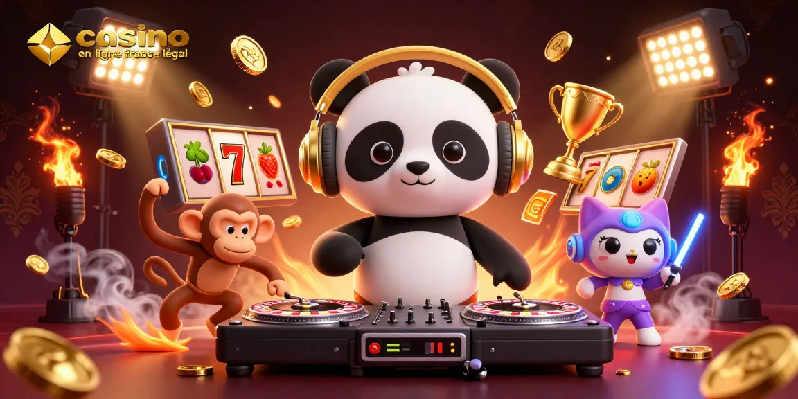 Le casino en ligne France légal présente un panda DJ animé avec des lumières brillantes et des jeux de machine à sous.