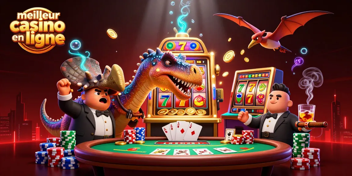 Illustration 3D d'un meilleur casino en ligne, avec un pachycéphalosaure frappant une machine à sous dorée pour obtenir des jetons jackpot.