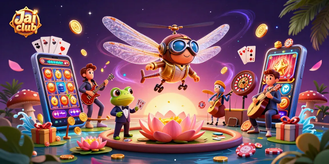 Experience the excitement at Jai club with a vibrant 3D casino scene featuring dragonfly pilots and card games.