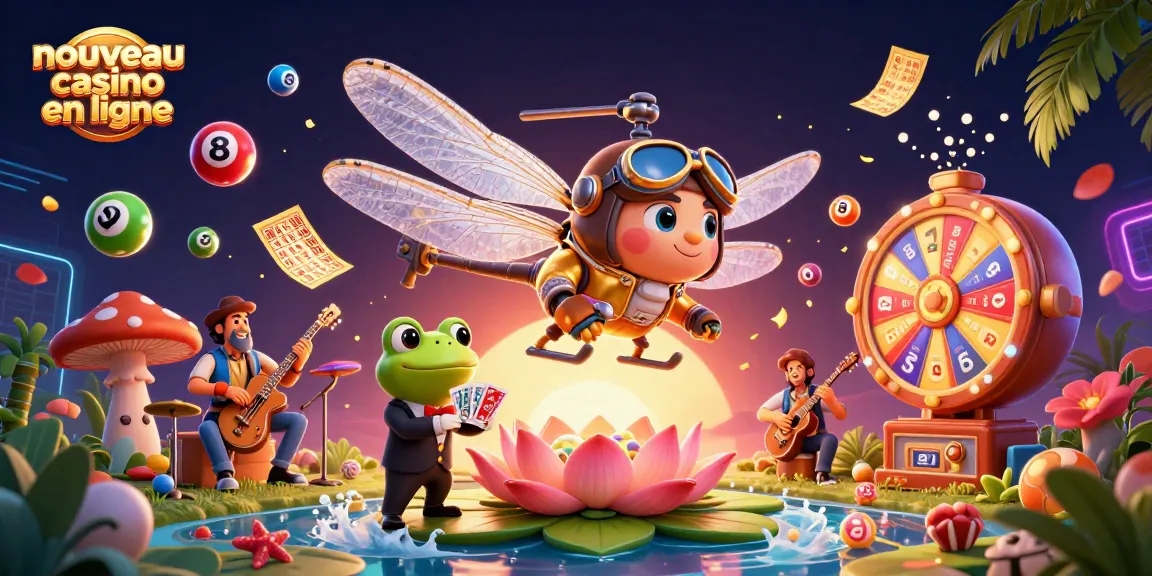 Découvrez un nouveau casino en ligne avec un dragonfly pilote et un croupier grenouille dans un cadre vibrant.