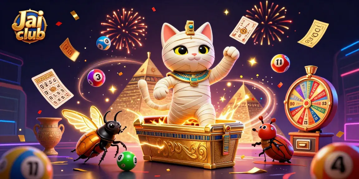 Win big at Jai club with a vibrant scene of animated characters, lottery balls, and dynamic casino fun.