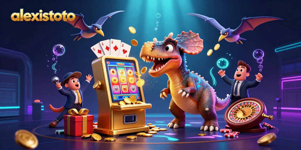 Experience jackpot wins at alexistoto as a pachycephalosaurus headbutts a golden slot machine.