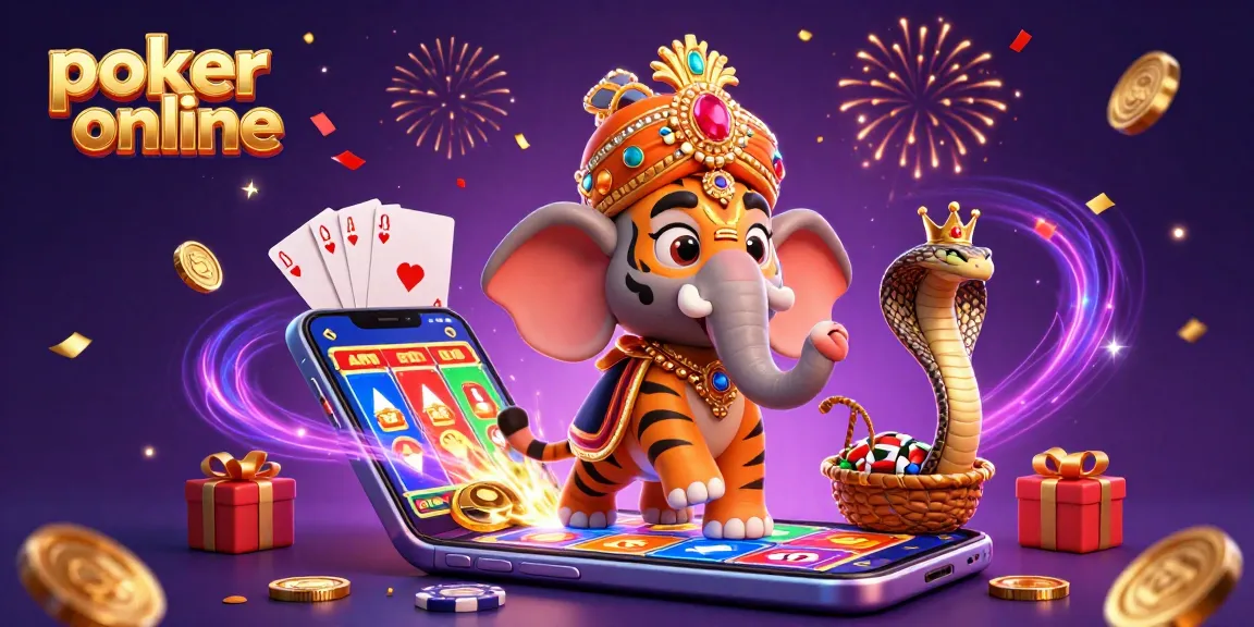 Jouez au poker en ligne avec une illustration dynamique captivante mettant en scène un tigre maharaja et un éléphant.