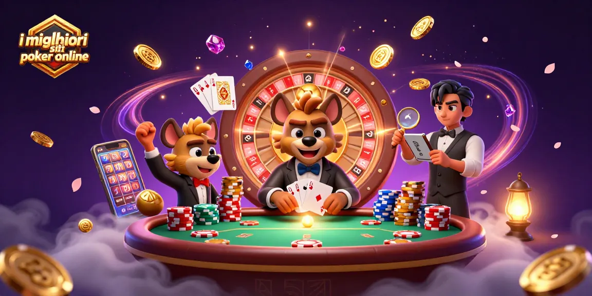 I migliori siti poker online in un'illustrazione 3D con personaggi cartoni animati e azione al poker