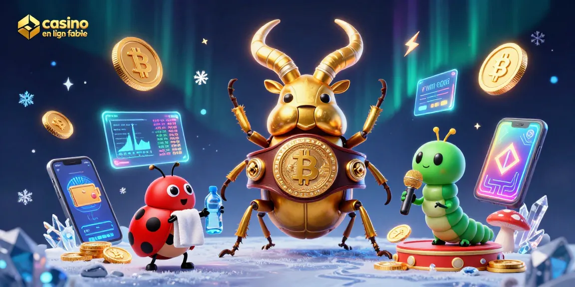 Une superbe illustration 3D représentant un casino en ligne fiable, avec un scarabée géant et des éléments de cryptomonnaie autour.