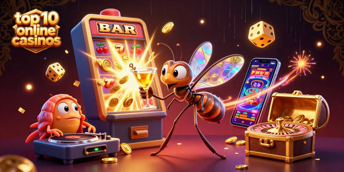 Engaging digital illustration of top 10 online casinos featuring interactive characters and vibrant casino elements.