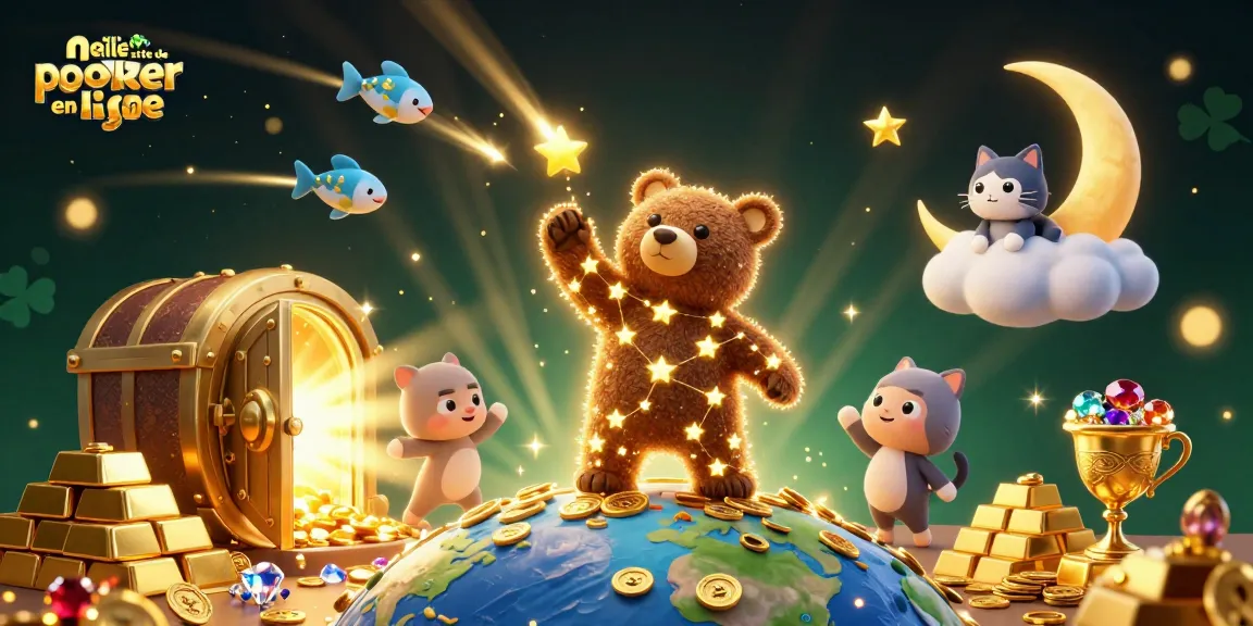 Jouez sur le meilleur site de poker en ligne avec une illustration de notre constellation d'ours cherchant des pièces d'or dans l'œuvre 3D.