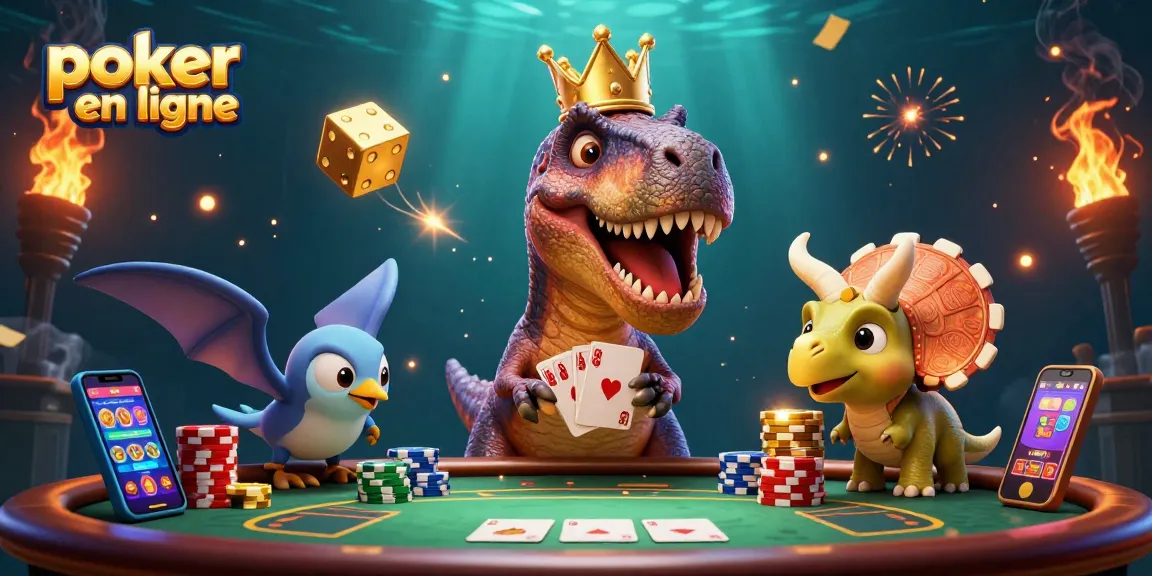 Jouez au poker en ligne avec des personnages cartoon adorables dans une scène dynamique d'illustration 3D.