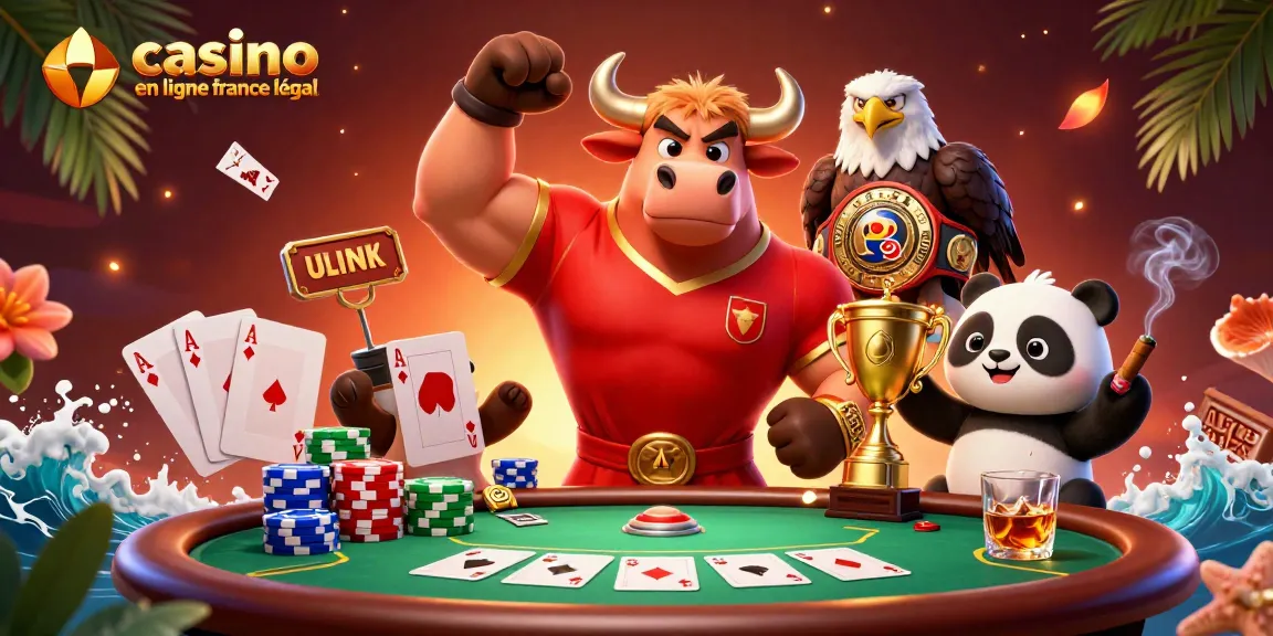 Illustration de mascottes et éléments de jeu de casino en ligne France légal avec ambiance dynamique.