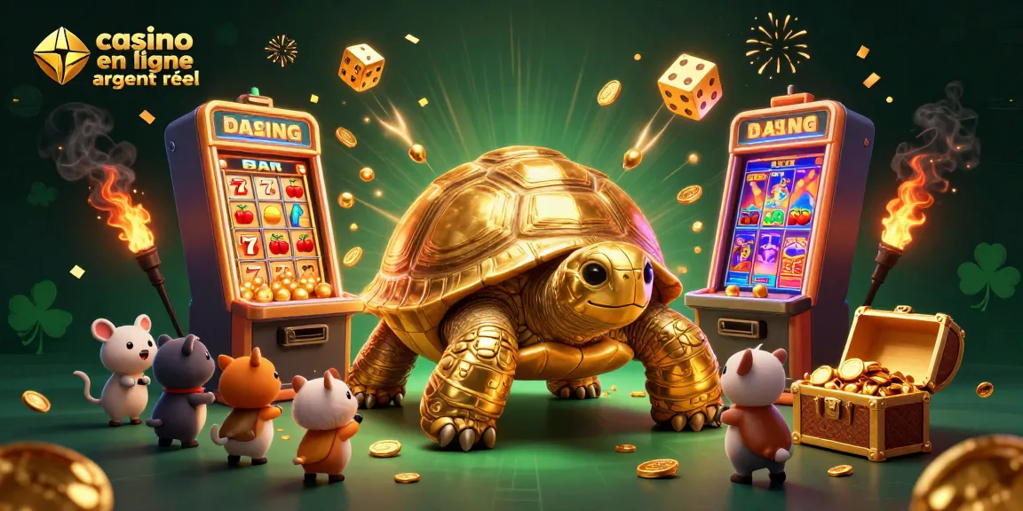 Gagnez avec un casino en ligne argent réel et des jackpots explosifs, sous fond de tortue dorée.