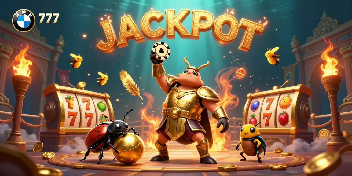 Win big with BMW777 in this vibrant digital casino illustration featuring a victorious beetle champion.